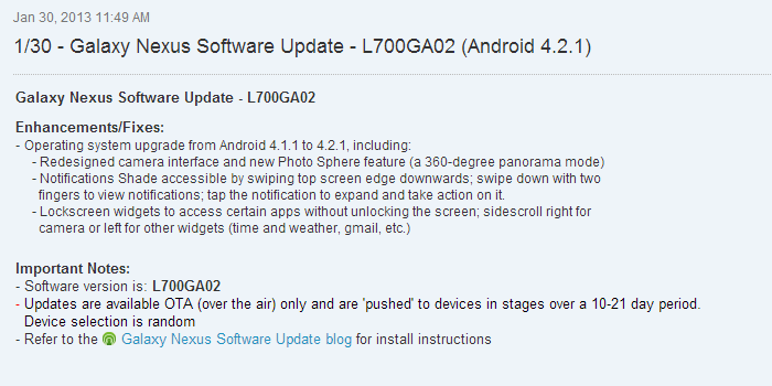 Android 4.2.1 now Pushing out to the Sprint Samsung Galaxy Nexus