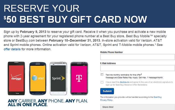 Sign up by February 9, 2013 to Reserve Your $50 Best Buy Gift Card